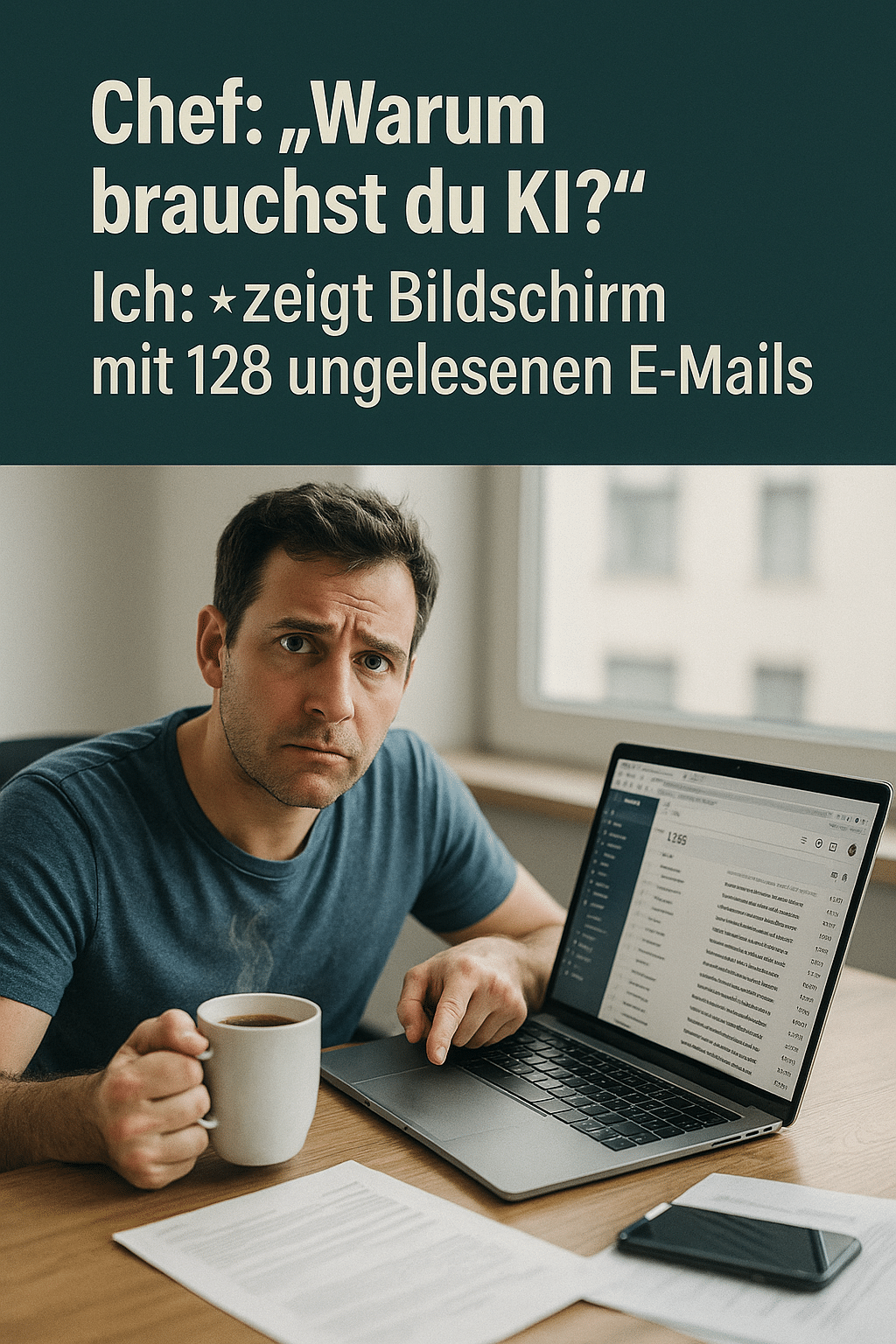 Fotorealistischer Unternehmer mit ernster Miene zeigt auf Laptop mit 128 ungelesenen E-Mails, während er eine Kaffeetasse hält – Textoverlay mit dem Spruch „Chef: ‚Warum brauchst du KI?‘ – Ich: zeigt Bildschirm mit 128 ungelesenen E-Mails“, visuell modern in Anthrazit-Türkis.
