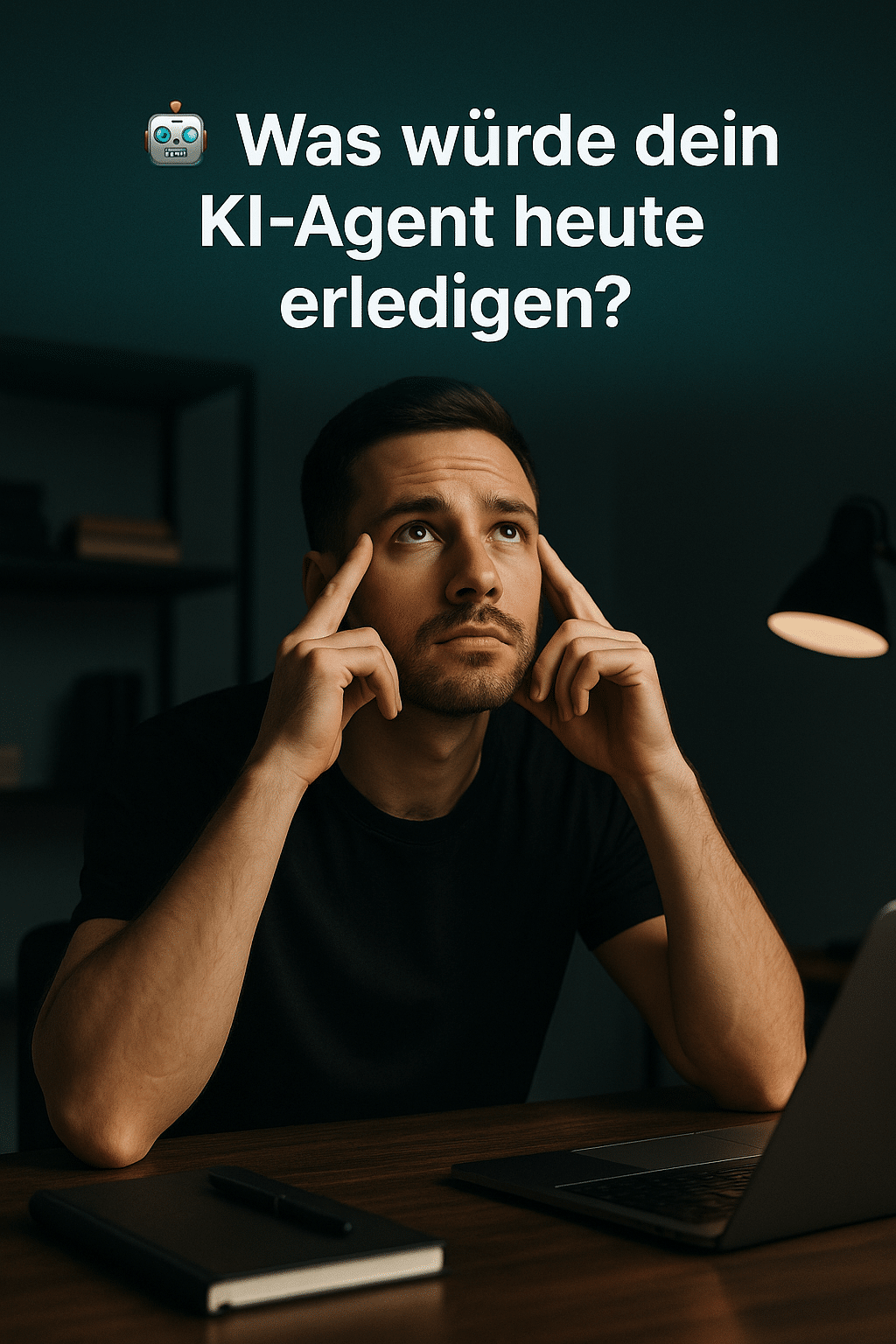 Junger Mann in dunklem Raum denkt nach, während er mit den Fingern an den Schläfen über einem Laptop sitzt – Überschrift „🤖 Was würde dein KI-Agent heute erledigen?“ in Weiß, fotorealistischer Stil in Anthrazit-Türkis.