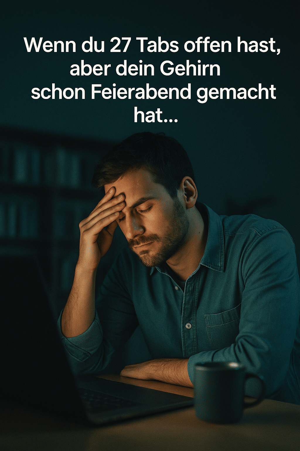 Erschöpfter junger Mann sitzt abends vor Laptop mit geschlossenen Augen und Hand an der Stirn – Text „Wenn du 27 Tabs offen hast, aber dein Gehirn schon Feierabend gemacht hat…“ darüber, fotorealistischer Stil in Anthrazit-Türkis.