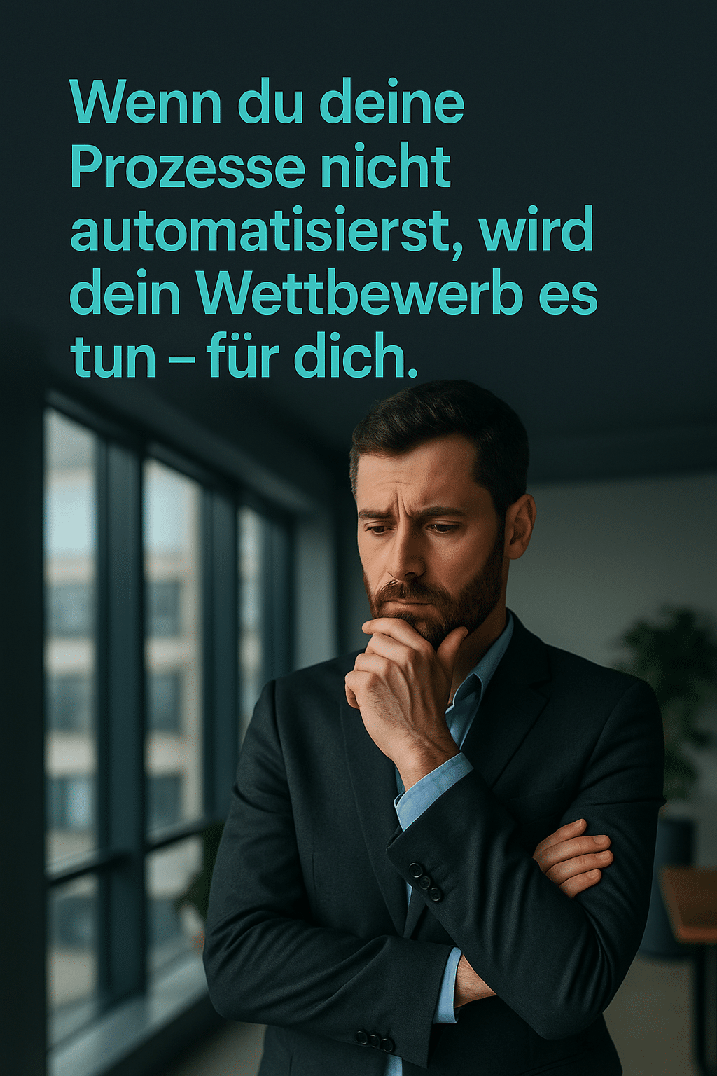 Nachdenklicher Mann im dunklen Anzug steht in modernem Büro, schaut fokussiert nach unten, während der Text „Wenn du deine Prozesse nicht automatisierst, wird dein Wettbewerb es tun – für dich.“ eingeblendet ist – 1080×1350 Pixel, Anthrazit-Türkis.