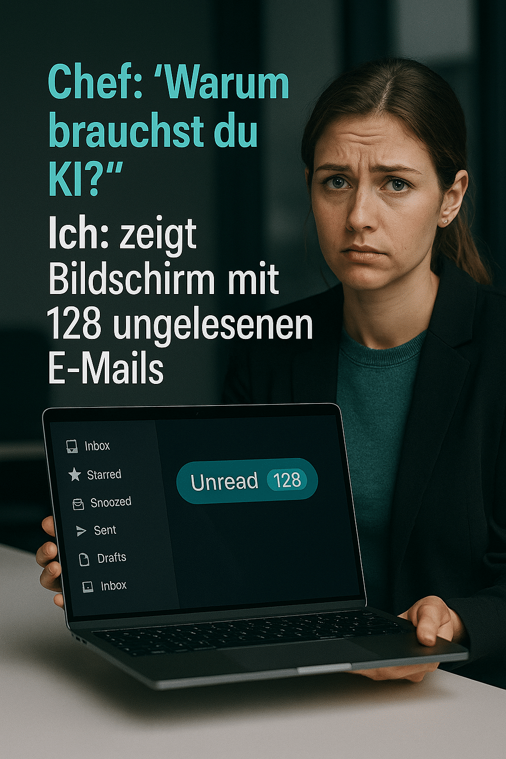 Junge Frau im Business-Outfit hält Laptop mit 128 ungelesenen E-Mails hoch, Blick ernst, darüber der Text: „Chef: ‚Warum brauchst du KI?‘ – Ich: zeigt Bildschirm mit 128 ungelesenen E-Mails“, 1080×1350 Format.