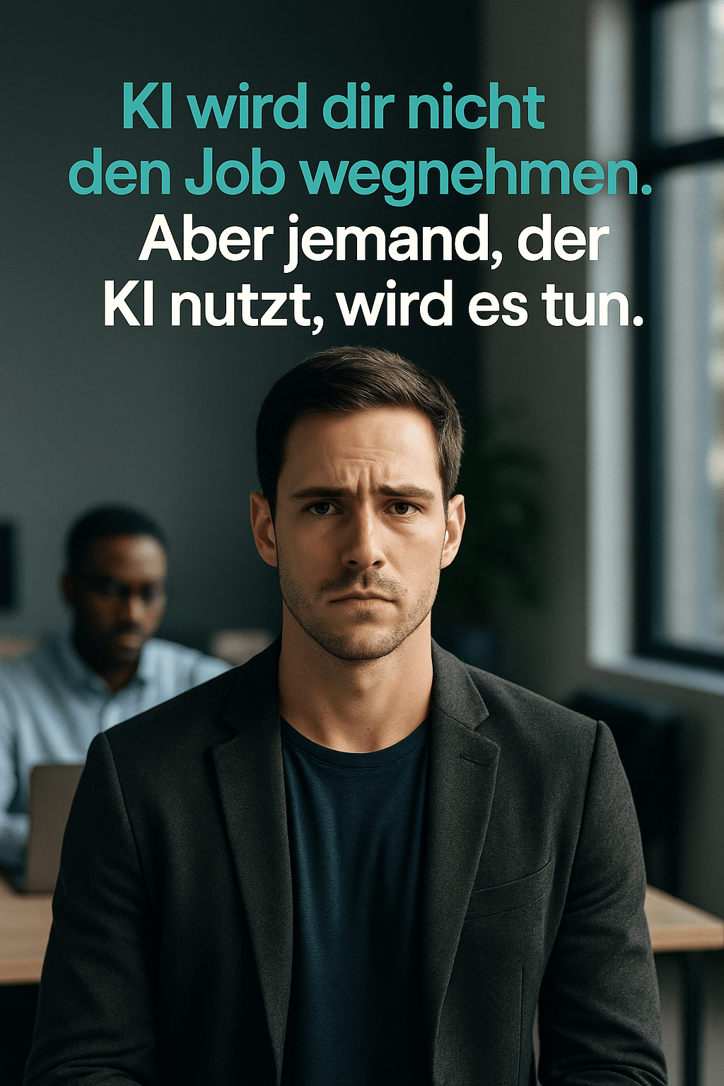 Junger Mann im Business-Look sitzt ernst im modernen Büro, im Hintergrund weitere Mitarbeitende – Text: „KI wird dir nicht den Job wegnehmen. Aber jemand, der KI nutzt, wird es tun.“ – visuell stark, Format 1080×1350 Pixel.
